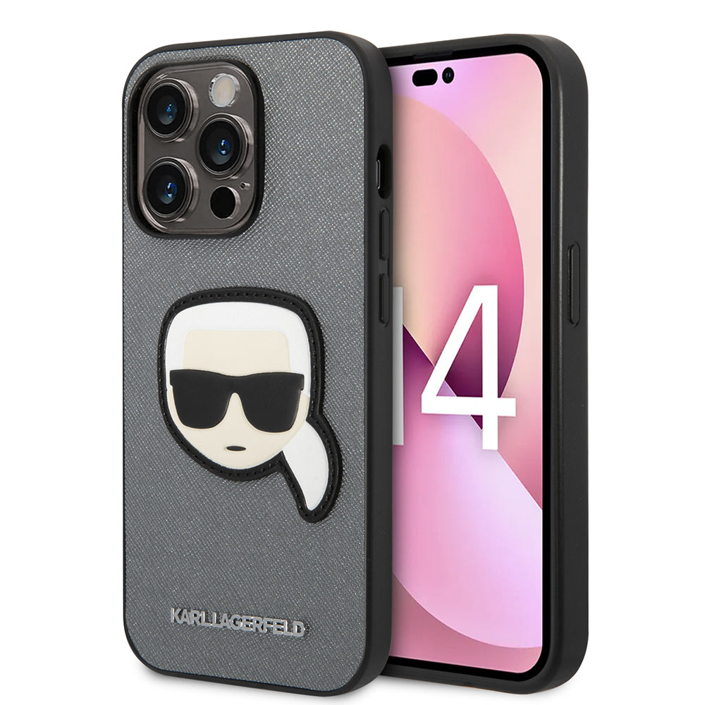 Deksel for Apple iPhone 14 Pro, Karl Lagerfeld, Saffiano Karl's Head, Sølvfarvet