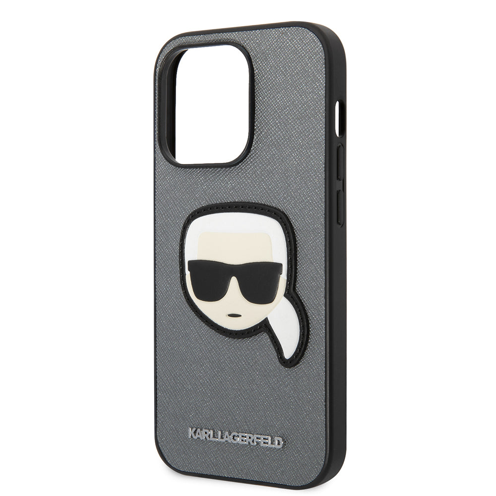 Deksel for Apple iPhone 14 Pro, Karl Lagerfeld, Saffiano Karl's Head, Sølvfarvet