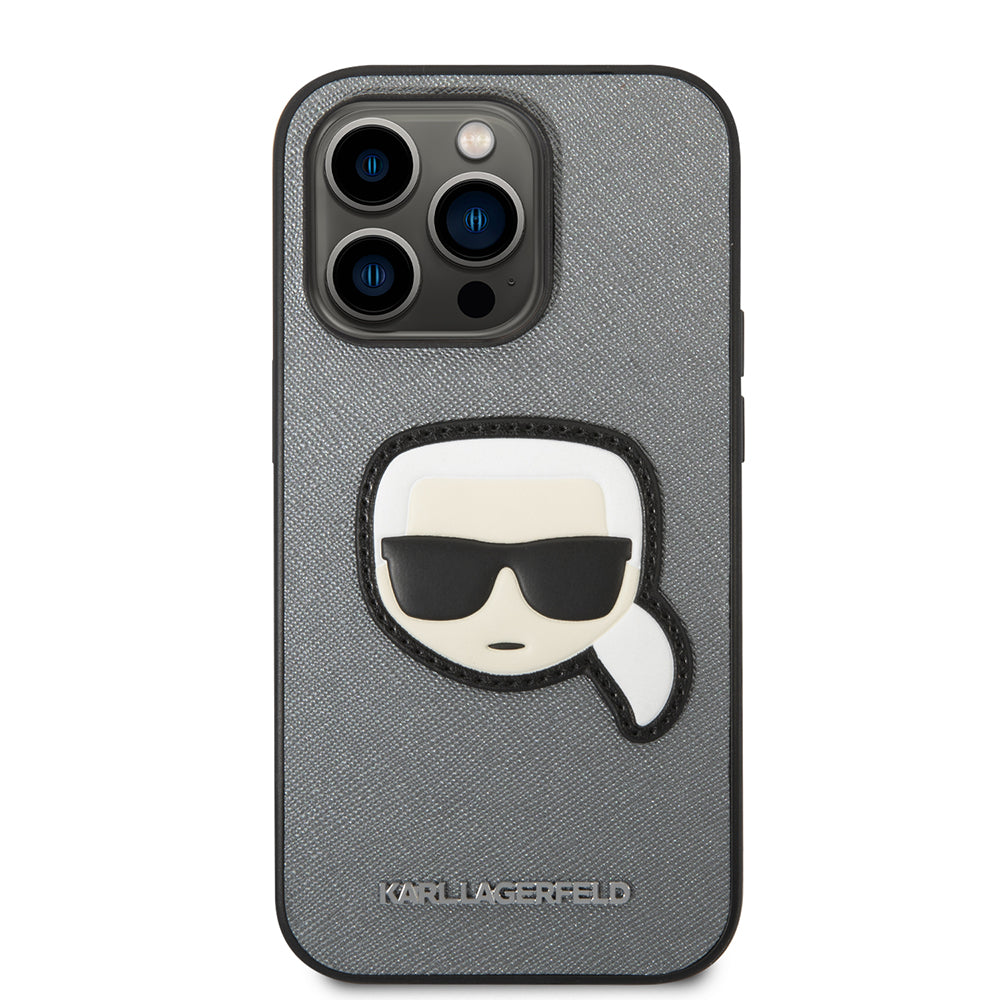 Deksel for Apple iPhone 14 Pro, Karl Lagerfeld, Saffiano Karl's Head, Sølvfarvet