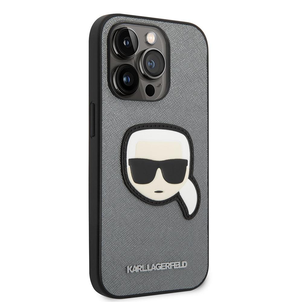 Deksel for Apple iPhone 14 Pro, Karl Lagerfeld, Saffiano Karl's Head, Sølvfarvet