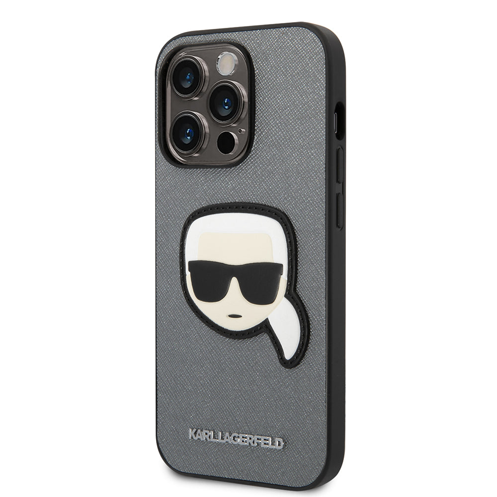 Deksel for Apple iPhone 14 Pro, Karl Lagerfeld, Saffiano Karl's Head, Sølvfarvet