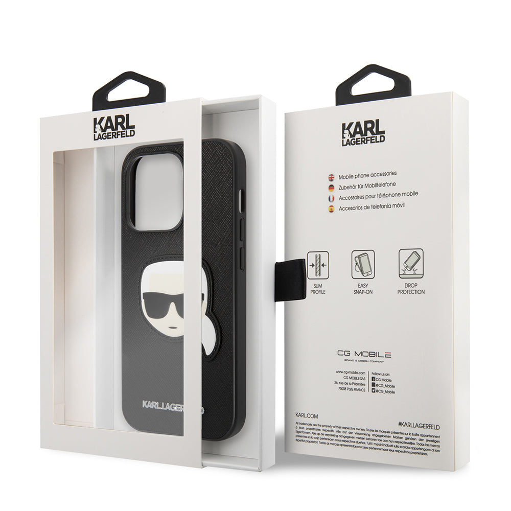 Deksel for Apple iPhone 14 Pro, Karl Lagerfeld, Saffiano Karl's Head, Svart