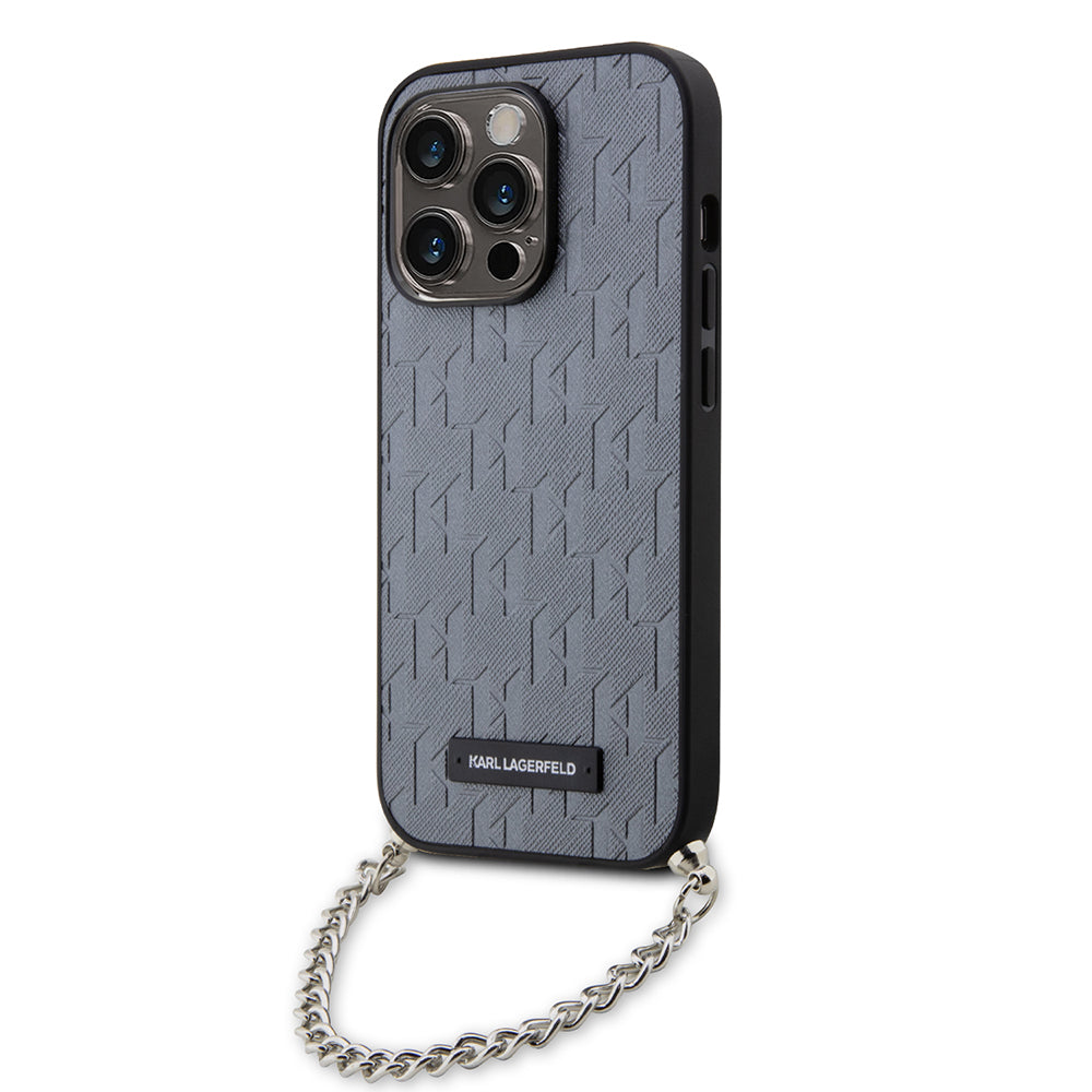 Deksel for Apple iPhone 14 Pro, Karl Lagerfeld, Saffiano Monogram Chain, Sølv
