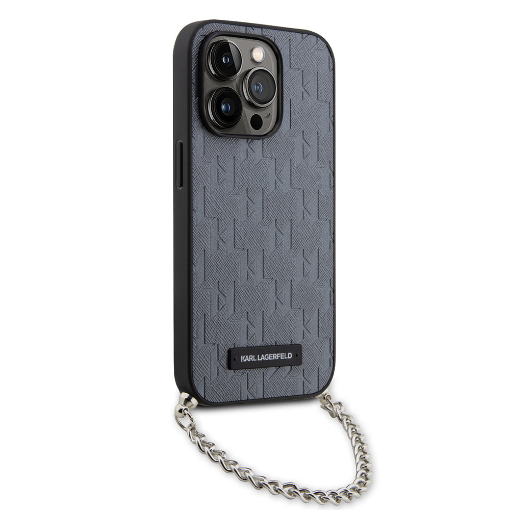 Deksel for Apple iPhone 14 Pro, Karl Lagerfeld, Saffiano Monogram Chain, Sølv