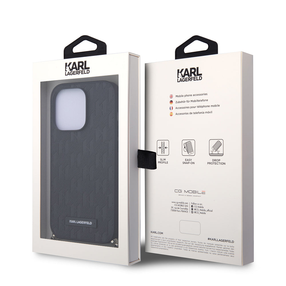 Deksel for Apple iPhone 14 Pro, Karl Lagerfeld, Saffiano Monogram Chain, Svart