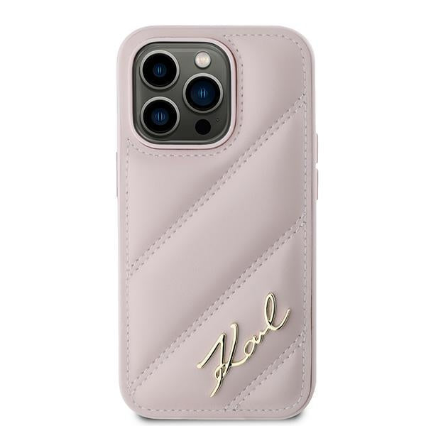 Deksel for Apple iPhone 14 Pro Max, Karl Lagerfeld, Diagonal Quilted Script, Rosa
