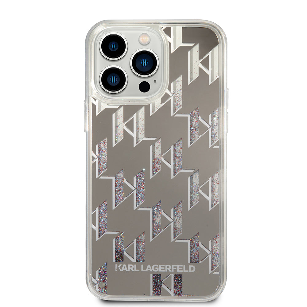 Deksel for Apple iPhone 14 Pro Max, Karl Lagerfeld, Liquid Glitter Monogram, Sølvfarget