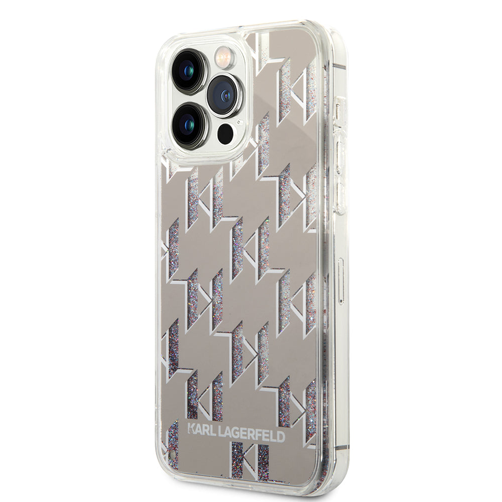 Deksel for Apple iPhone 14 Pro Max, Karl Lagerfeld, Liquid Glitter Monogram, Sølvfarget