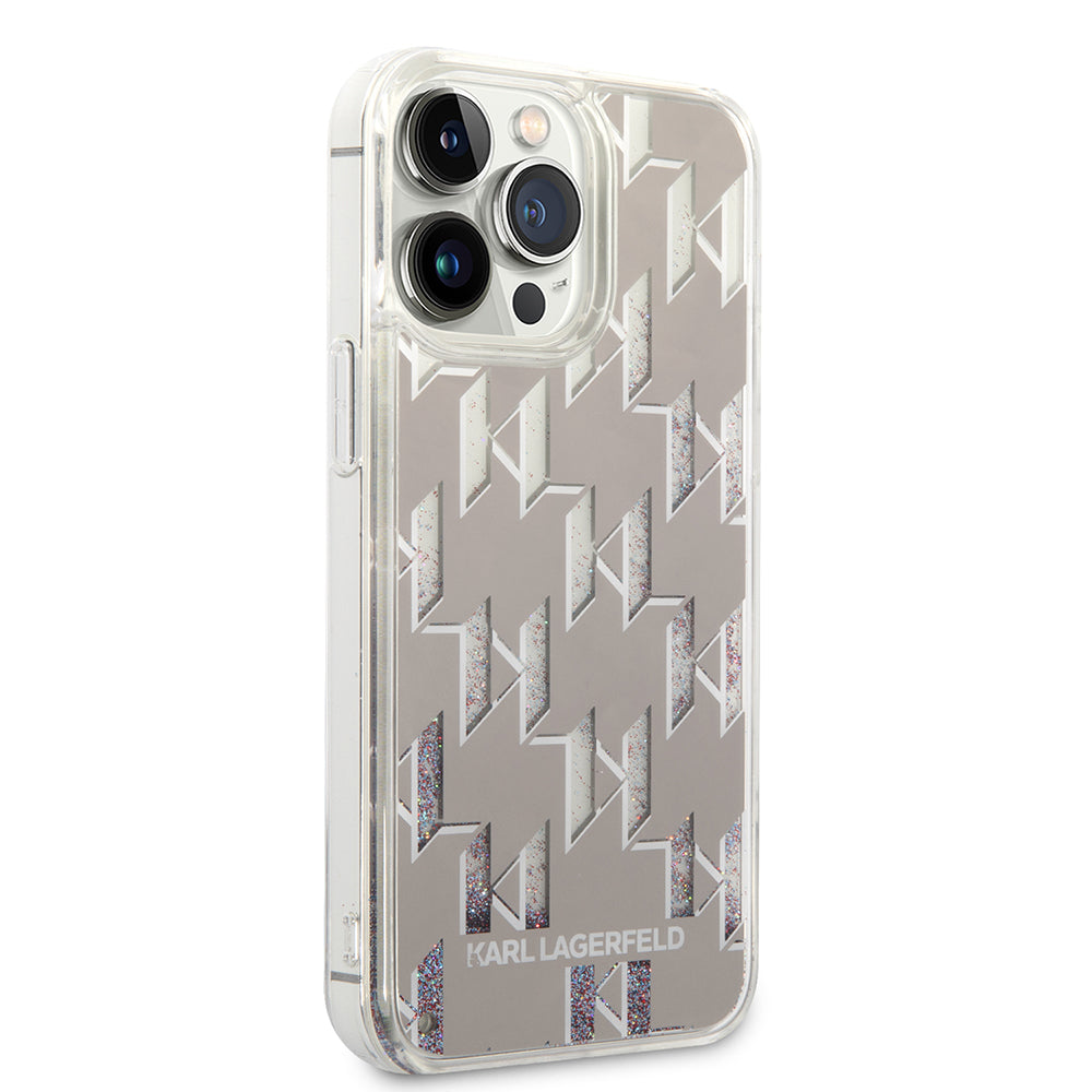 Deksel for Apple iPhone 14 Pro Max, Karl Lagerfeld, Liquid Glitter Monogram, Sølvfarget