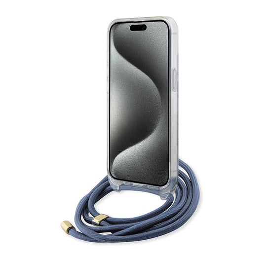 Deksel for Apple iPhone 15, Guess, Crossbody Cord 4G Print, Blå