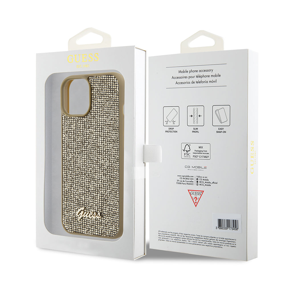 Deksel for Apple iPhone 15, Guess, Disco Metal Script, Gull