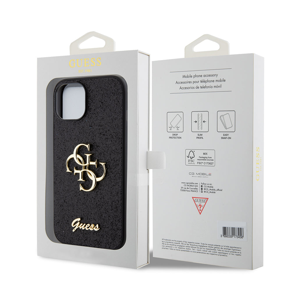 Deksel for Apple iPhone 15, Guess, Glitter Big 4G Script, Svart