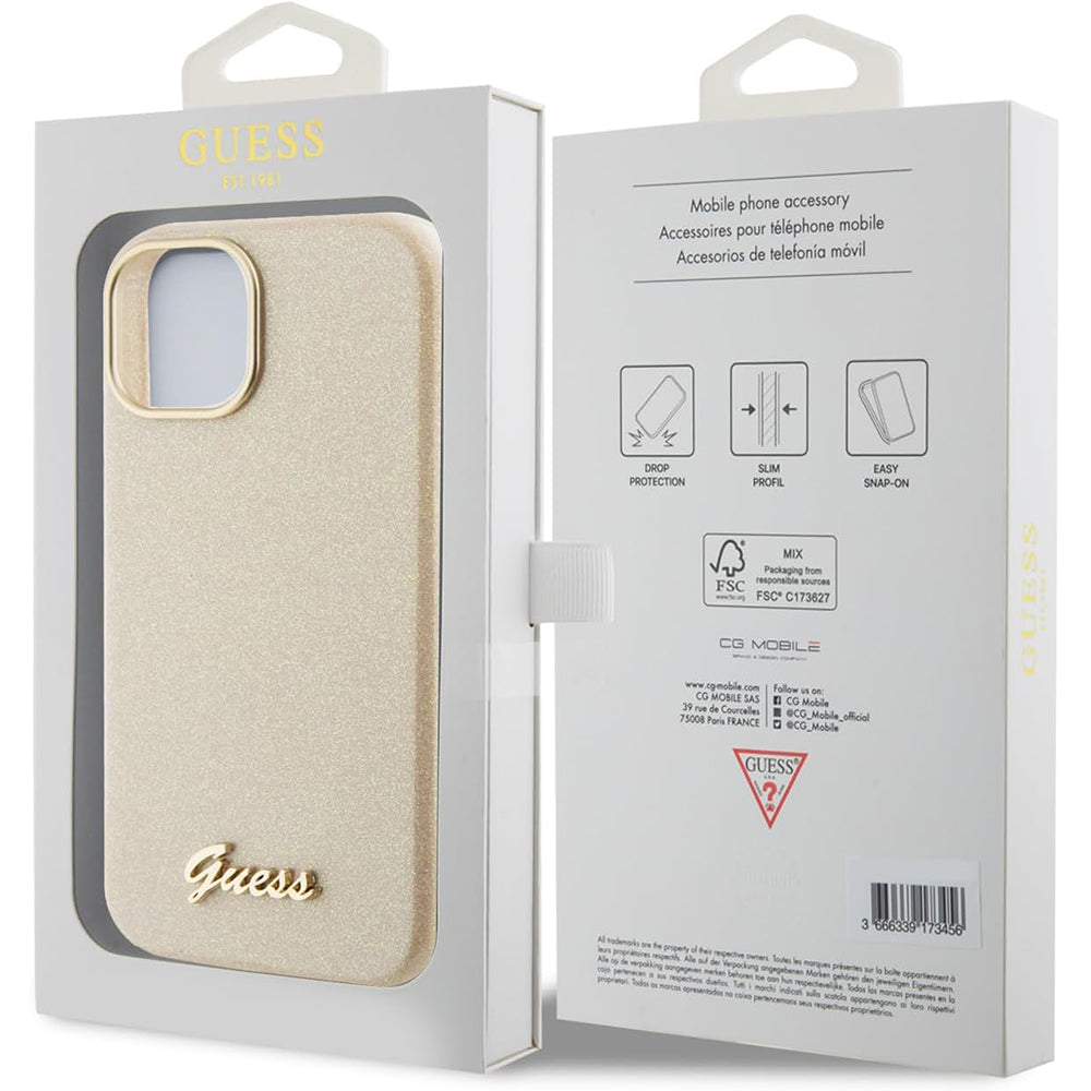 Deksel for Apple iPhone 15, Guess, Glitter Glossy Script, Beige