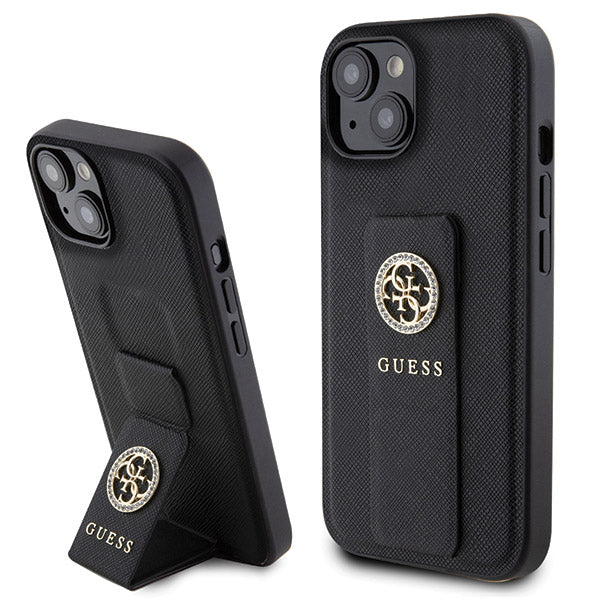 Deksel for Apple iPhone 15, Guess, Grip Stand 4G Saffiano Strass, Svart