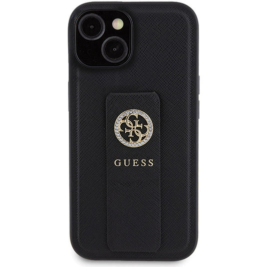 Deksel for Apple iPhone 15, Guess, Grip Stand 4G Saffiano Strass, Svart
