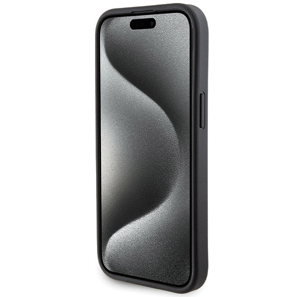 Deksel for Apple iPhone 15, Guess, Grip Stand 4G Saffiano Strass, Svart