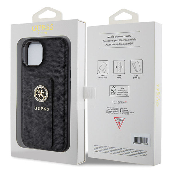 Deksel for Apple iPhone 15, Guess, Grip Stand 4G Saffiano Strass, Svart