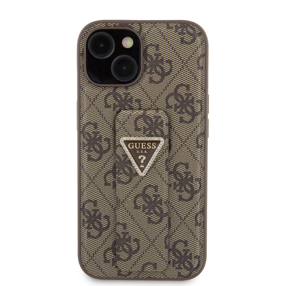 Deksel for Apple iPhone 15, Guess, Grip Stand 4G Triangle Strass, Brun