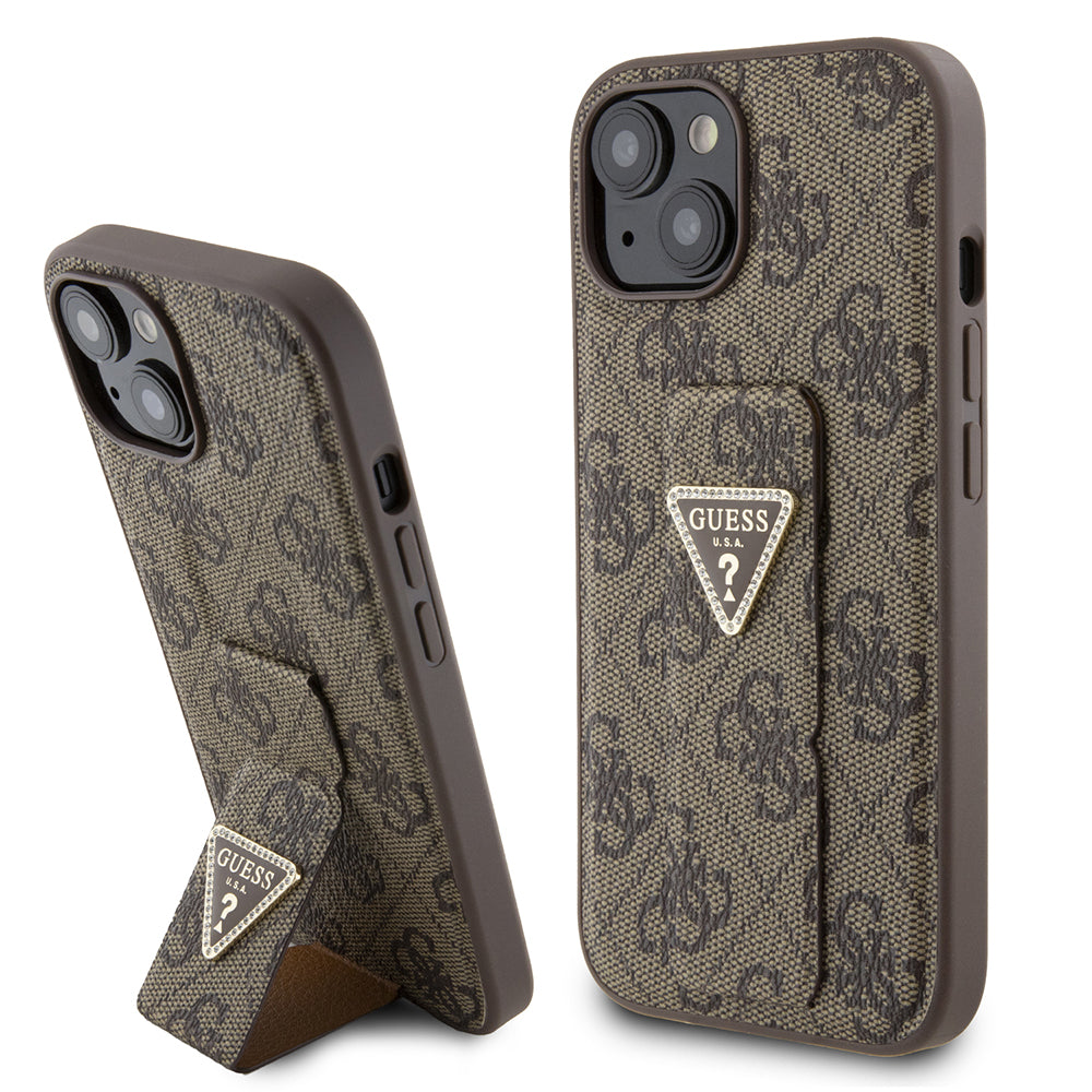 Deksel for Apple iPhone 15, Guess, Grip Stand 4G Triangle Strass, Brun