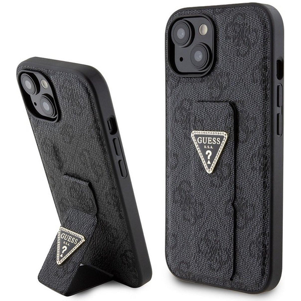 Deksel for Apple iPhone 15, Guess, Grip Stand 4G Triangle Strass, Svart