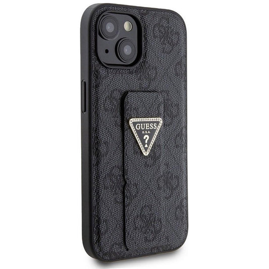 Deksel for Apple iPhone 15, Guess, Grip Stand 4G Triangle Strass, Svart