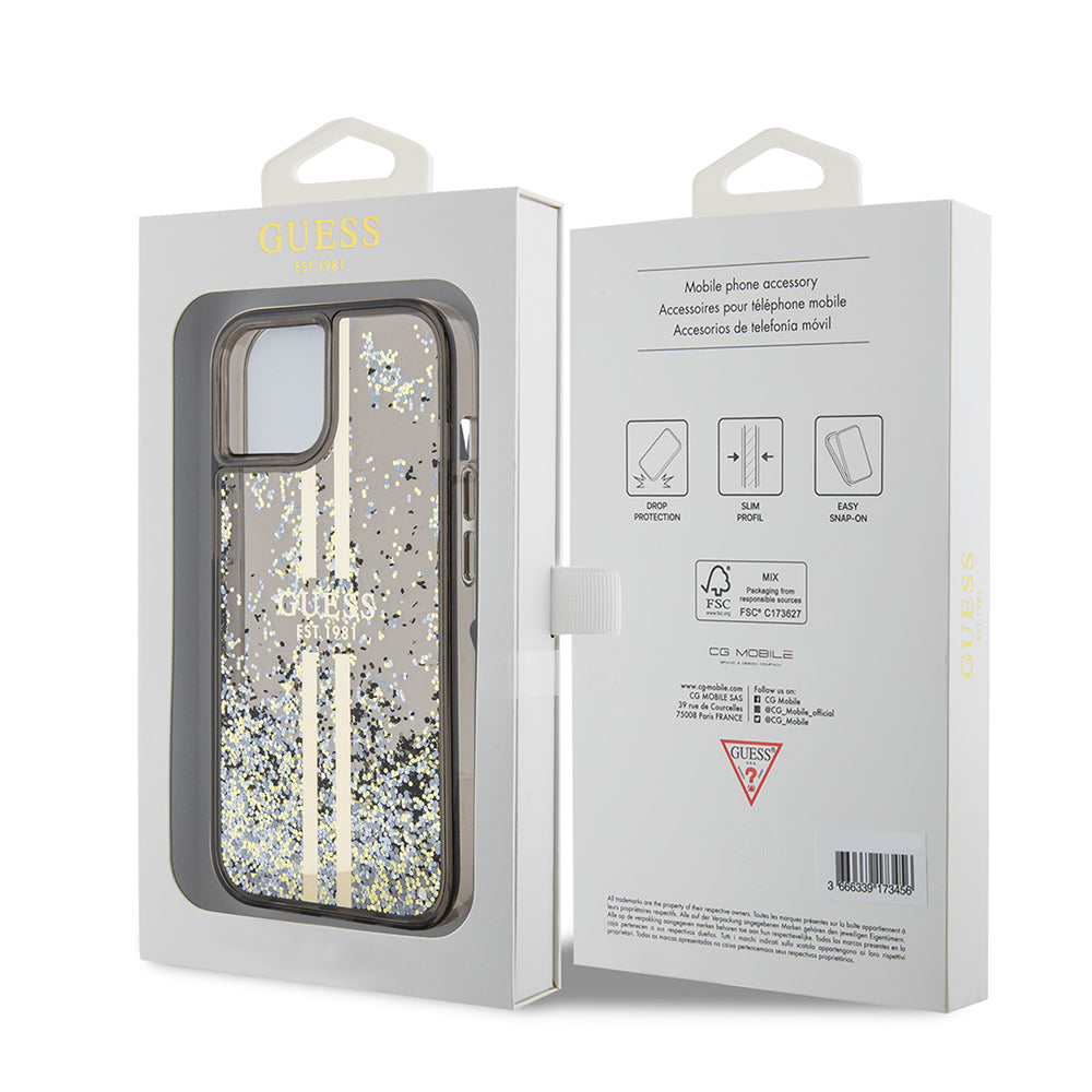 Deksel for Apple iPhone 15, Guess, Liquid Glitter Gold Stripes, Svart