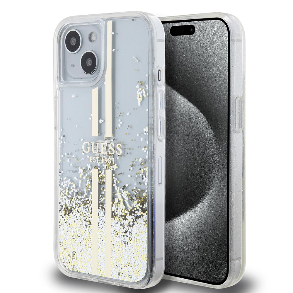 Deksel for Apple iPhone 15, Guess, Liquid Glitter Gold Stripes, Gjennomsiktig