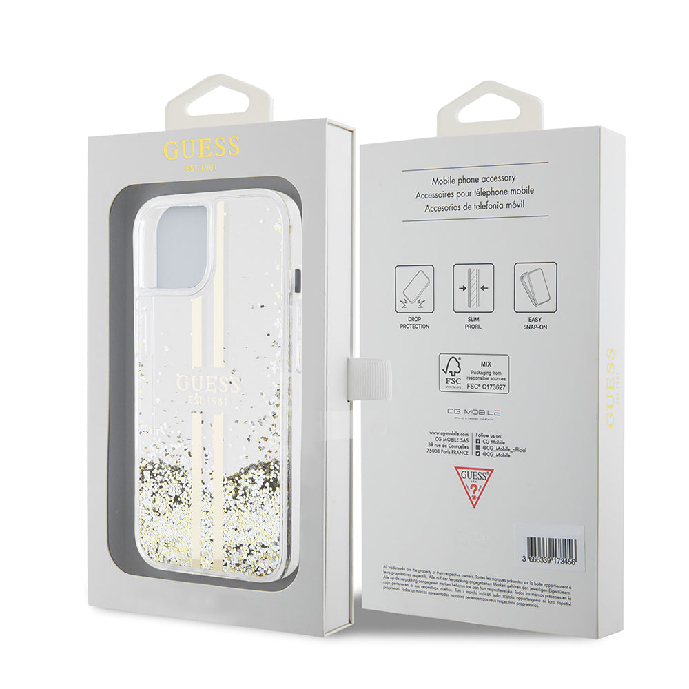 Deksel for Apple iPhone 15, Guess, Liquid Glitter Gold Stripes, Gjennomsiktig
