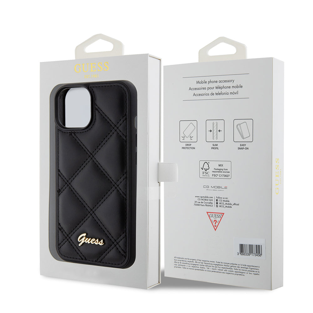 Deksel for Apple iPhone 15, Guess, Quilted Metal Logo, Svart