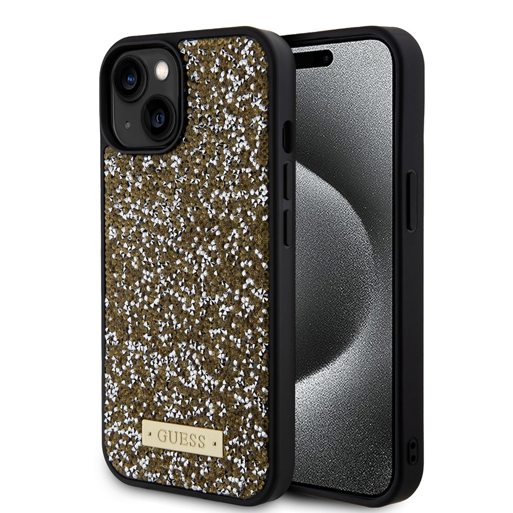 Deksel for Apple iPhone 15, Guess, Rhinestone Metal Logo, Gul