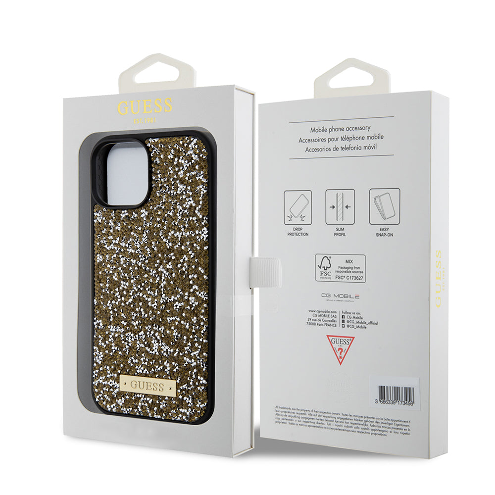 Deksel for Apple iPhone 15, Guess, Rhinestone Metal Logo, Gul