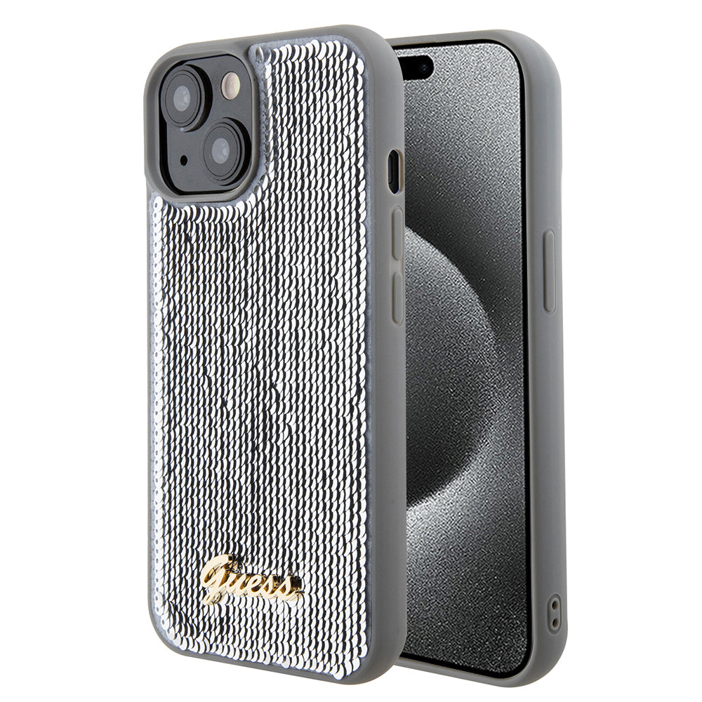 Deksel for Apple iPhone 15, Guess, Sequin Script Metal, Sølvfarget