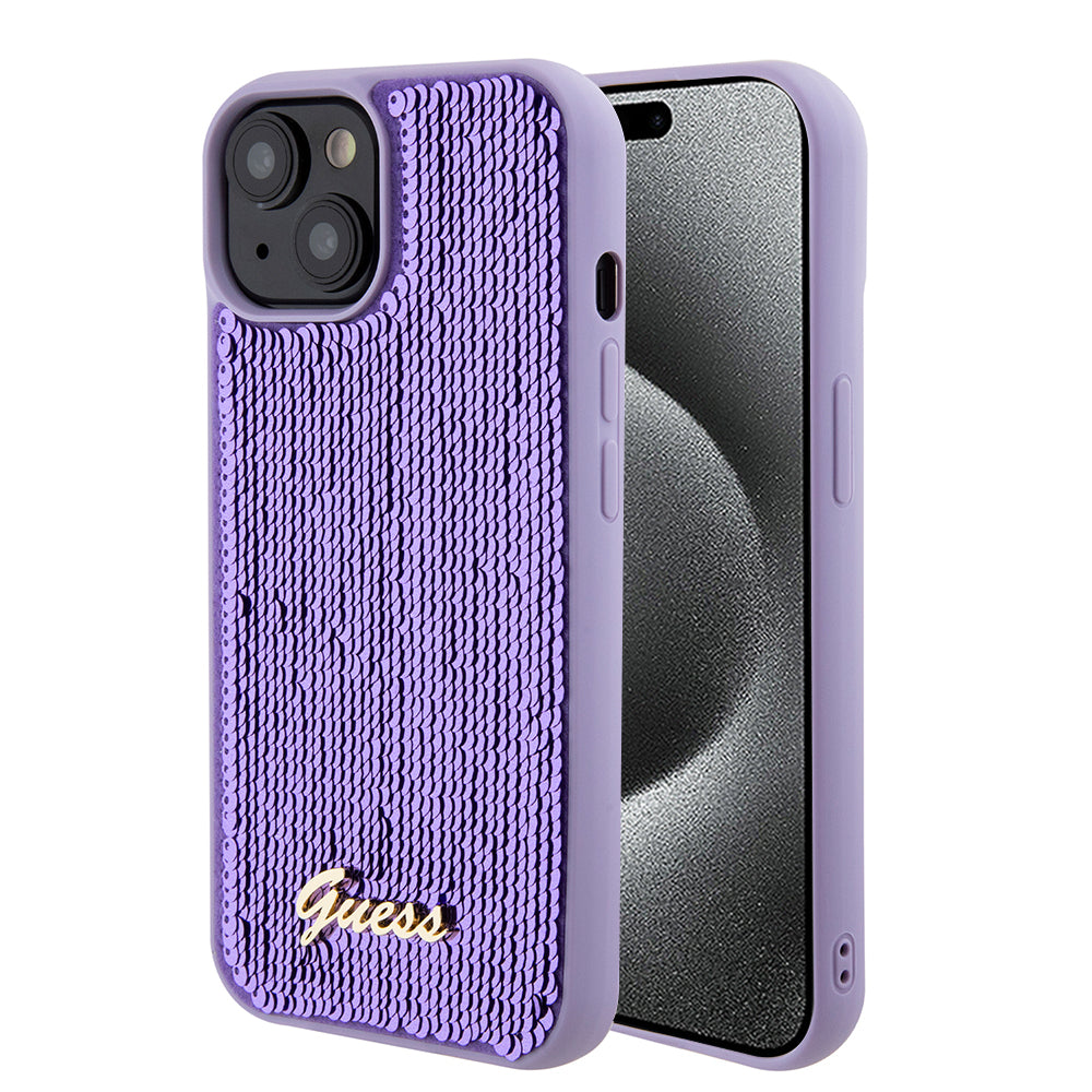 Deksel for Apple iPhone 15, Guess, Sequin Script Metal, Lilla