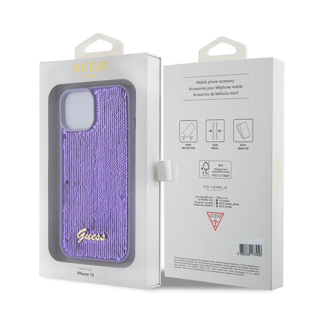 Deksel for Apple iPhone 15, Guess, Sequin Script Metal, Lilla