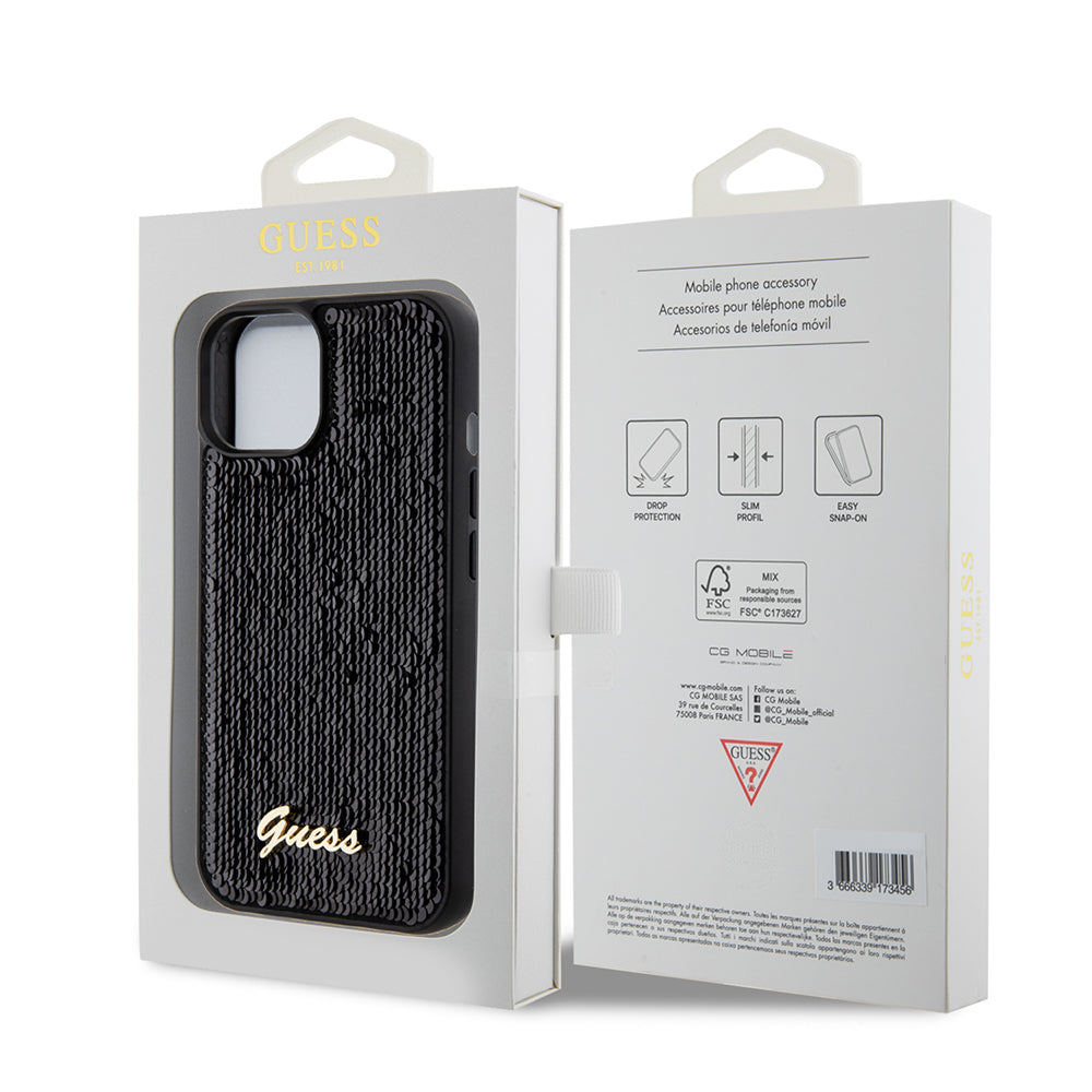 Deksel for Apple iPhone 15, Guess, Sequin Script Metal, Svart