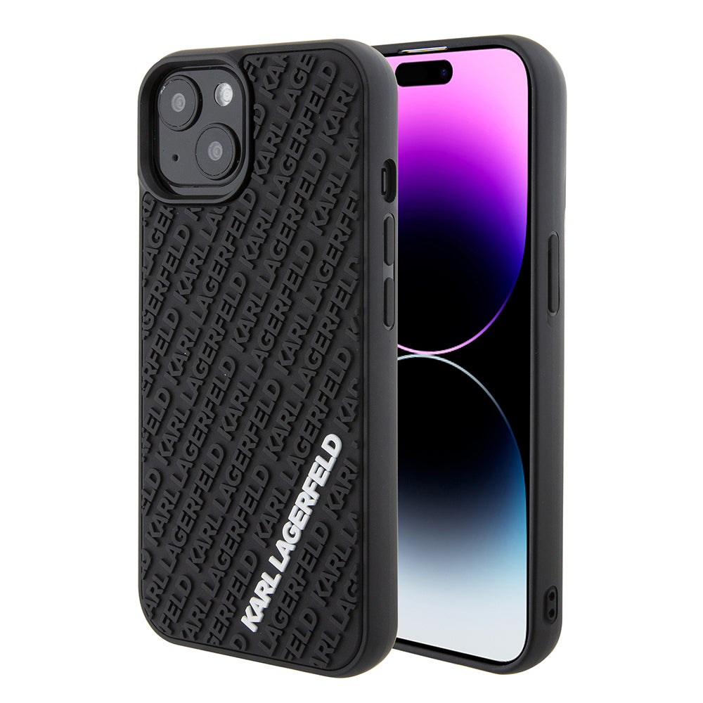Deksel for Apple iPhone 15, Karl Lagerfeld, 3D Rubber Multi Logo, Svart