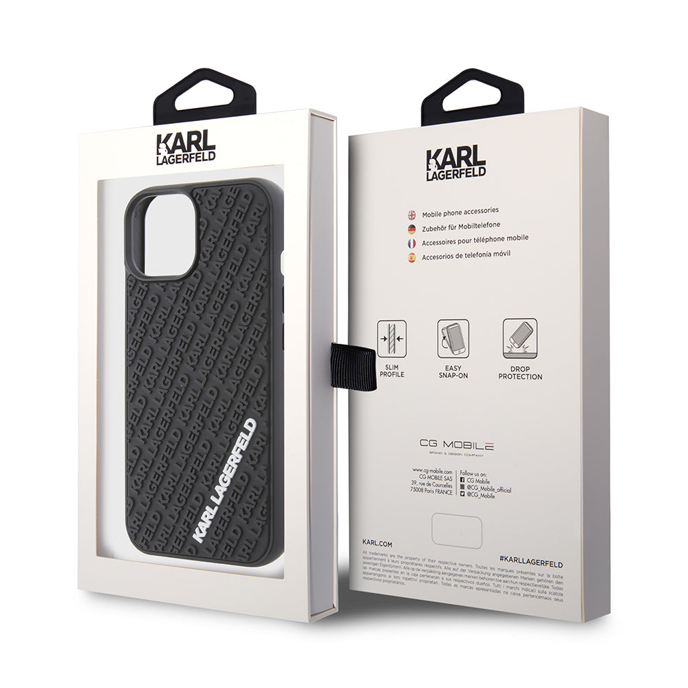 Deksel for Apple iPhone 15, Karl Lagerfeld, 3D Rubber Multi Logo, Svart