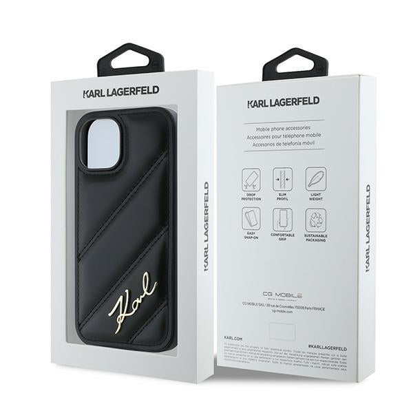 Deksel for Apple iPhone 15, Karl Lagerfeld, Diagonal Quilted Script, Svart