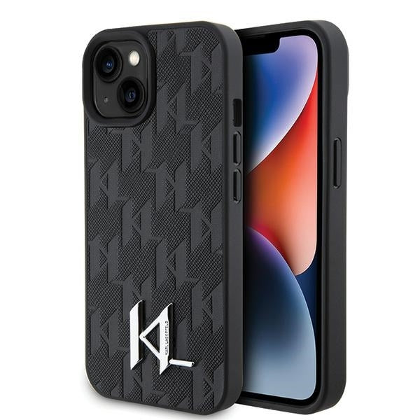 Deksel for Apple iPhone 15, Karl Lagerfeld, Monogram Hot Stamp Metal Logo, Svart