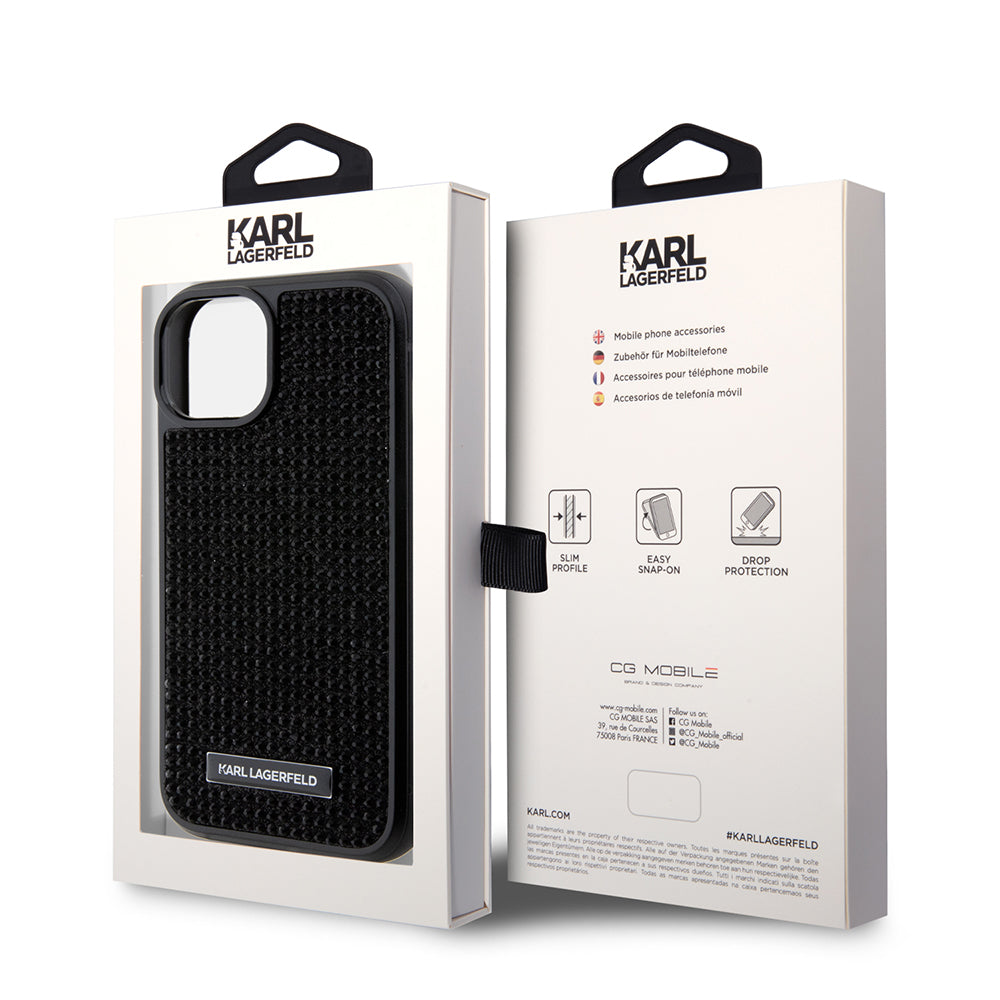 Deksel for Apple iPhone 15, Karl Lagerfeld, Rhinestone Metal Plate, Svart