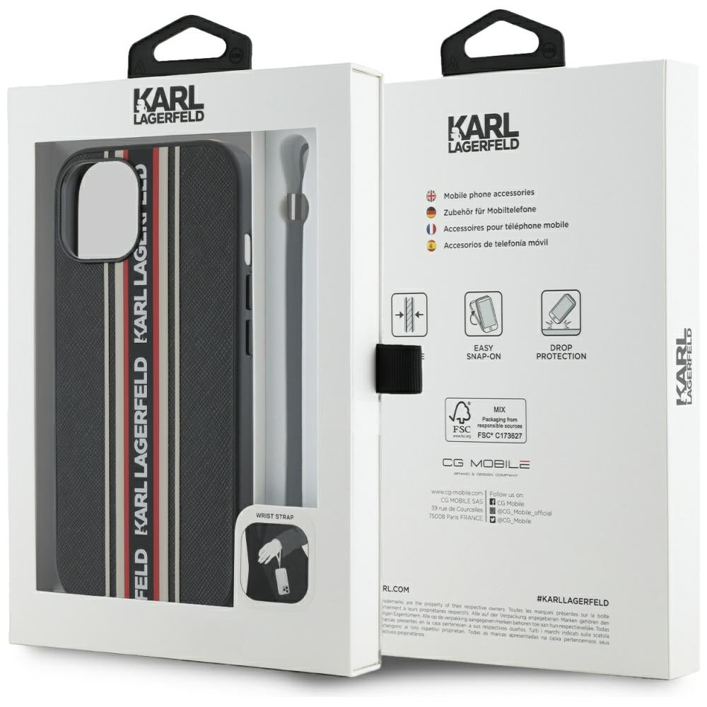 Deksel for Apple iPhone 15, Karl Lagerfeld, Saffiano Athleisure Stripes with Strap, Rosie