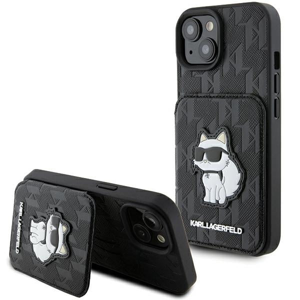 Deksel for Apple iPhone 15, Karl Lagerfeld, Saffiano Cardslots and Stand Monogram Choupette, Svart