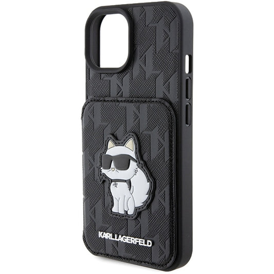 Deksel for Apple iPhone 15, Karl Lagerfeld, Saffiano Cardslots and Stand Monogram Choupette, Svart
