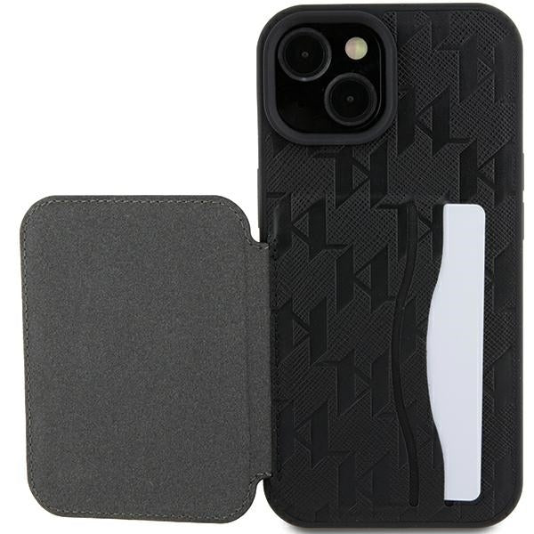 Deksel for Apple iPhone 15, Karl Lagerfeld, Saffiano Cardslots and Stand Monogram Choupette, Svart