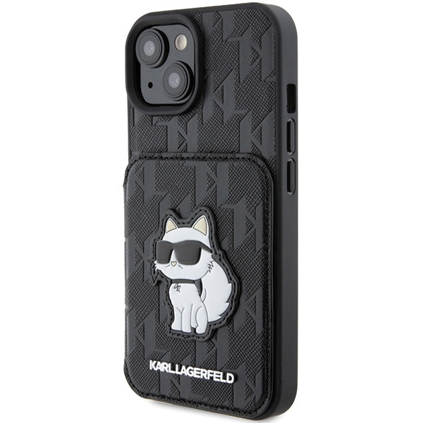 Deksel for Apple iPhone 15, Karl Lagerfeld, Saffiano Cardslots and Stand Monogram Choupette, Svart
