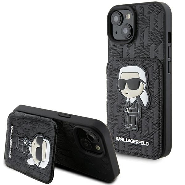 Deksel for Apple iPhone 15, Karl Lagerfeld, Saffiano Cardslots and Stand Monogram Ikonik Karl, Svart