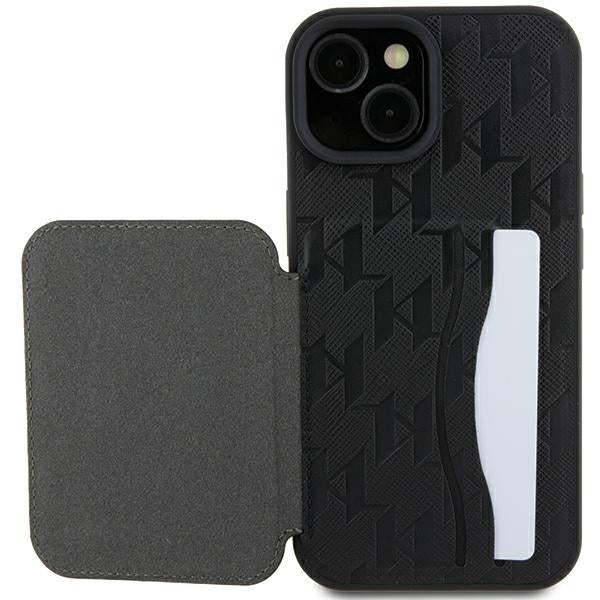 Deksel for Apple iPhone 15, Karl Lagerfeld, Saffiano Cardslots and Stand Monogram Ikonik Karl, Svart
