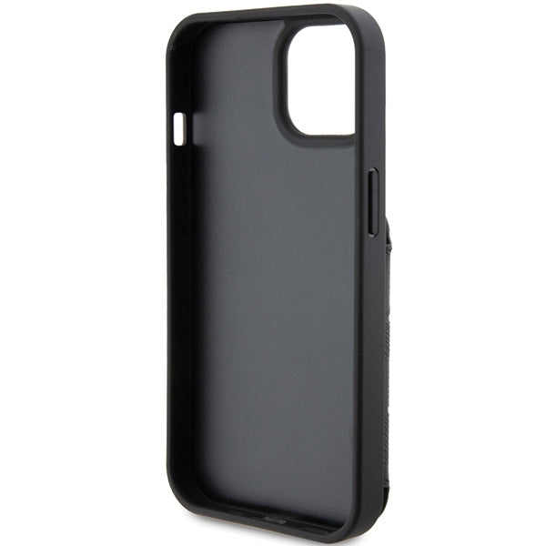 Deksel for Apple iPhone 15, Karl Lagerfeld, Saffiano Cardslots and Stand Monogram Ikonik Karl, Svart
