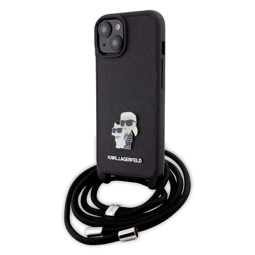 Deksel for Apple iPhone 15, Karl Lagerfeld, Saffiano Crossbody Metal Pin Karl & Choupette, Svart