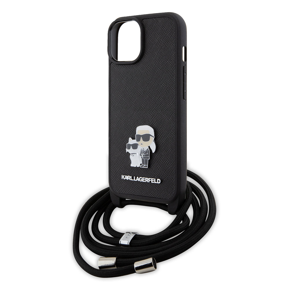 Deksel for Apple iPhone 15, Karl Lagerfeld, Saffiano Crossbody Metal Pin Karl & Choupette, Svart